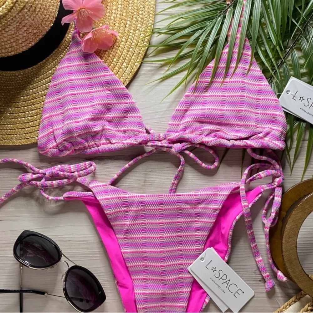 L*Space Brittany Tri Bikini Top | Lenox Tie Side Classic Bottom in Electric Pink